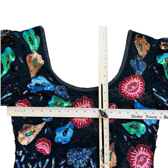 Vintage 80s 90s Floral Beaded Sequin Silk Long Sleeve Black Sheath Dress size L - Picture 12 of 15